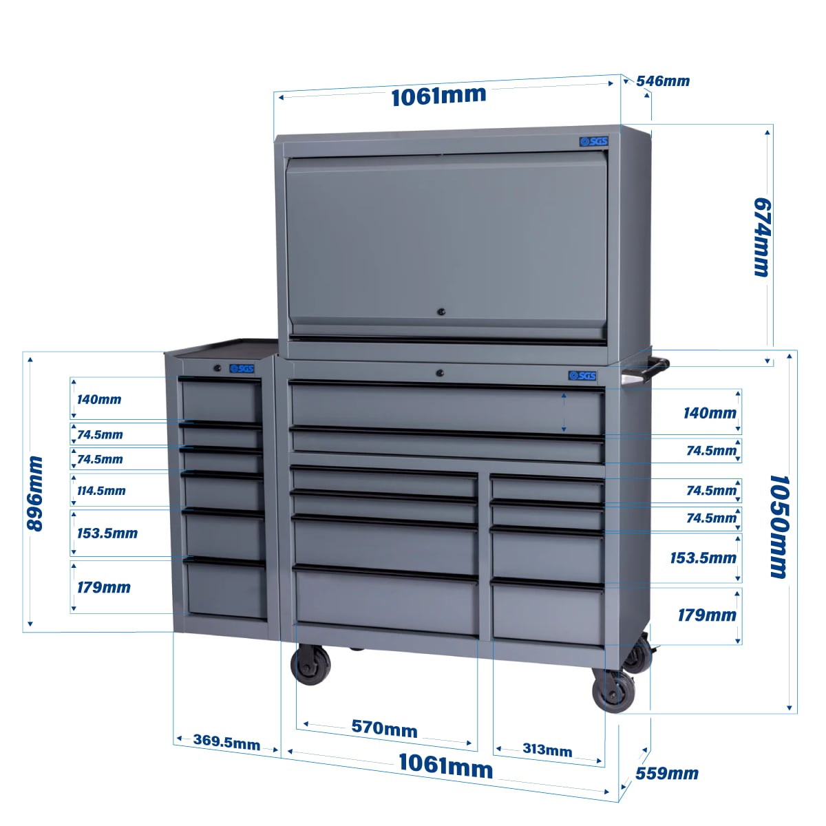 SGS 42in Roller Cabinet with Top Hutch and Side Cabinet | 16 Drawers | Slate Grey
